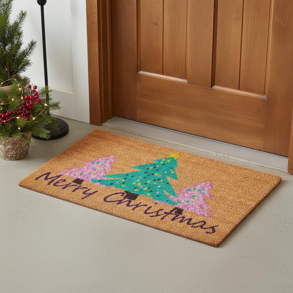 24" X 36" Brown Green And Pink Christmas Trees Merry Christmas Outdoor Coir Door Mat — view 11