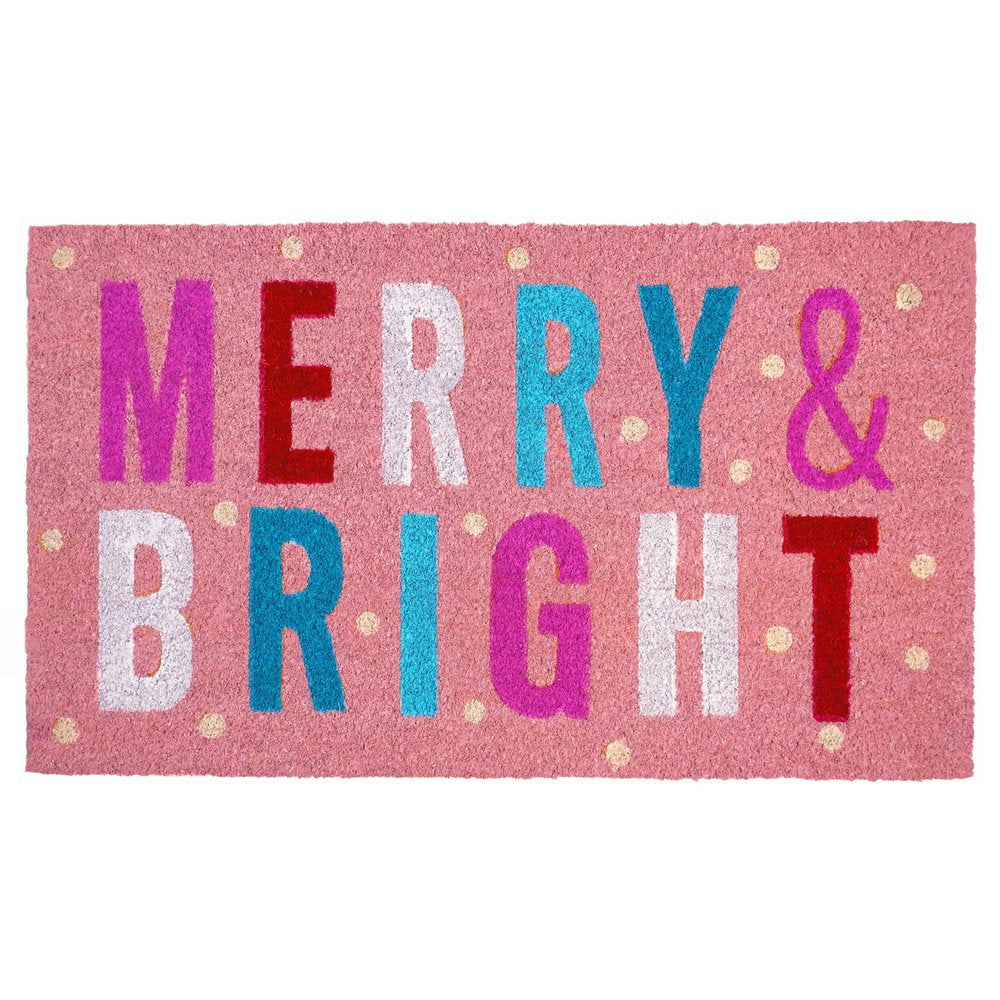 17" X 29" Pink Blue And White Christmas Merry and Bright Outdoor Coir Door Mat HomeRoots