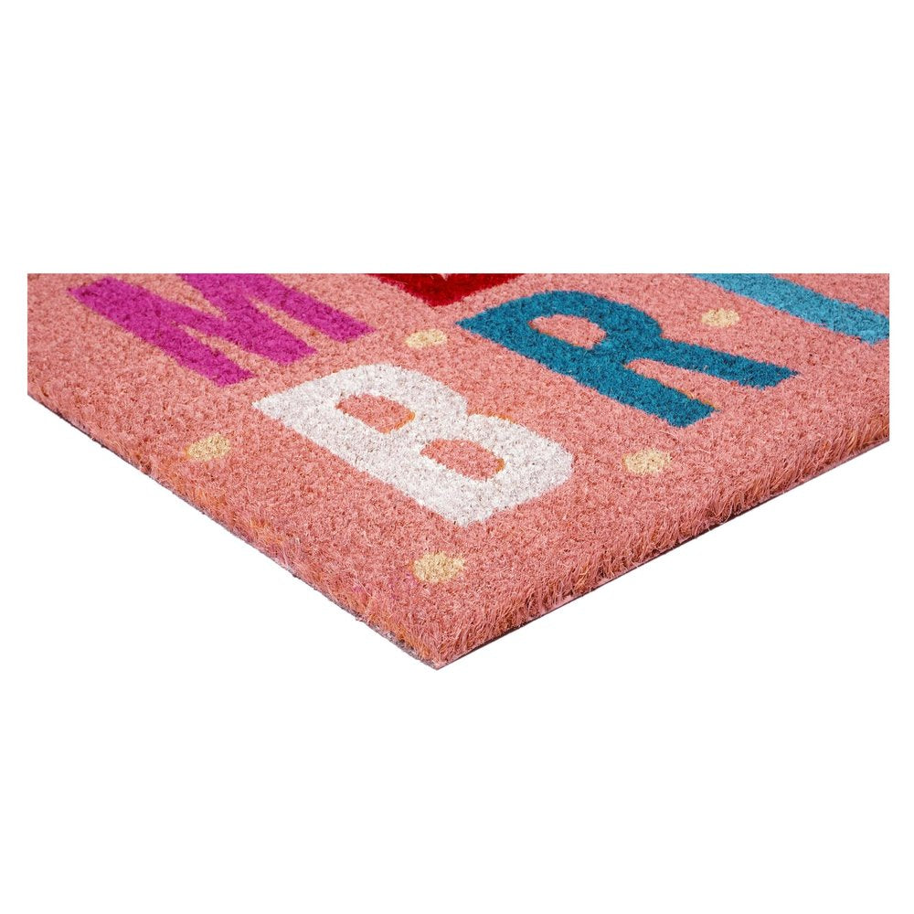 17" X 29" Pink Blue And White Christmas Merry and Bright Outdoor Coir Door Mat HomeRoots
