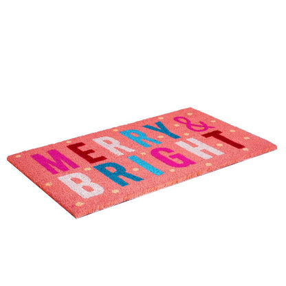 17" X 29" Pink Blue And White Christmas Merry and Bright Outdoor Coir Door Mat HomeRoots
