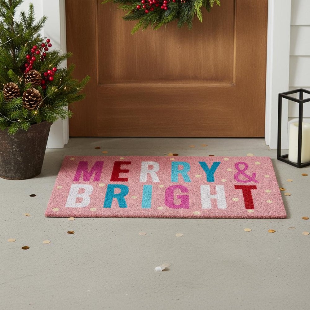 17" X 29" Pink Blue And White Christmas Merry and Bright Outdoor Coir Door Mat — view 6