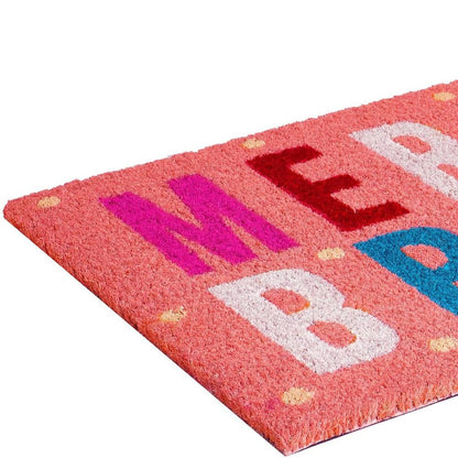 17" X 29" Pink Blue And White Christmas Merry and Bright Outdoor Coir Door Mat HomeRoots