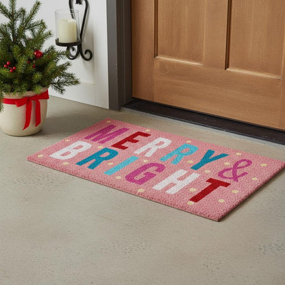 17" X 29" Pink Blue And White Christmas Merry and Bright Outdoor Coir Door Mat HomeRoots