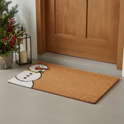 17" X 29" Brown White And Red Christmas Snowman Outdoor Coir Door Mat HomeRoots