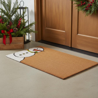 17" X 29" Brown White And Red Christmas Snowman Outdoor Coir Door Mat HomeRoots