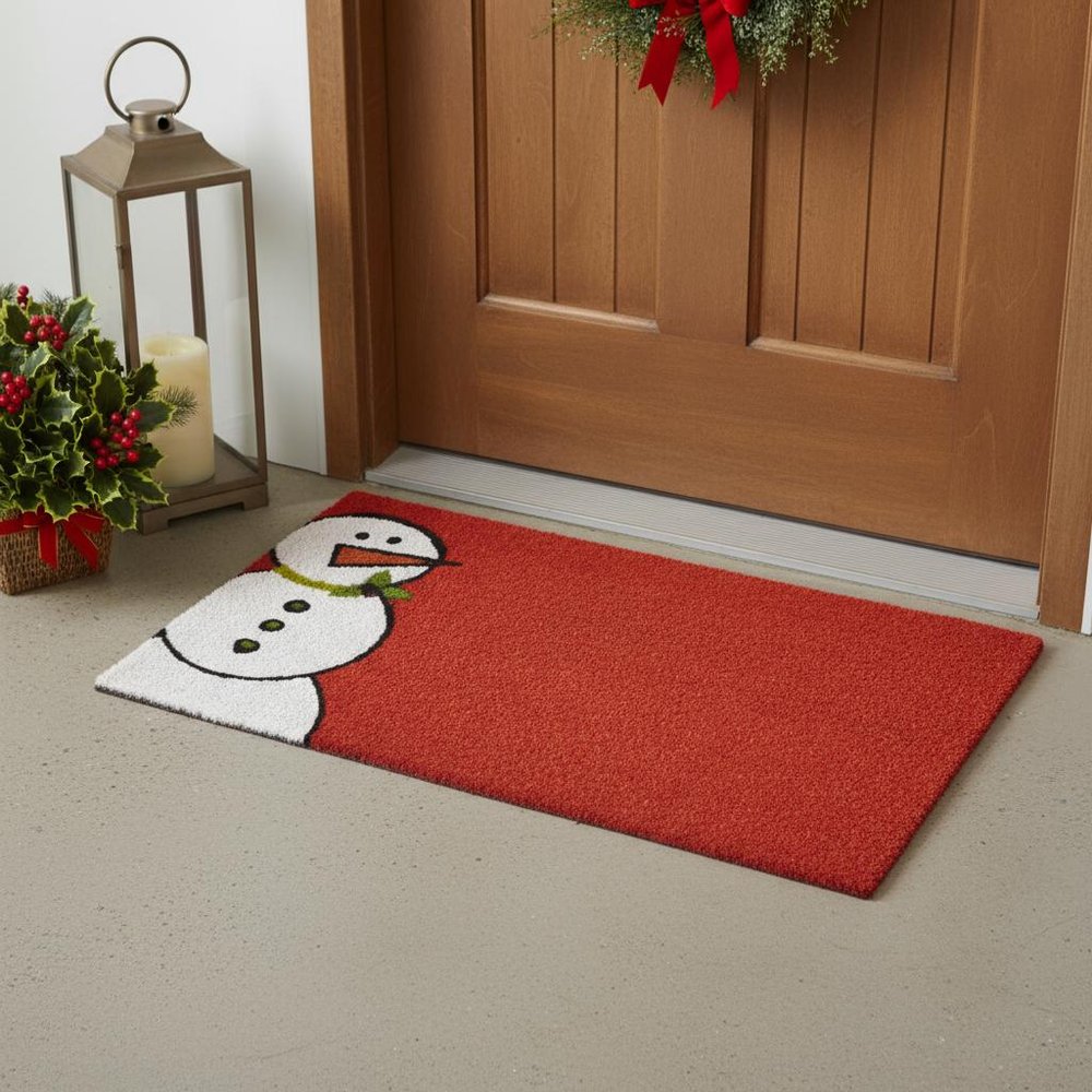 24" X 36" Red White And Black Christmas Snowman Outdoor Coir Door Mat HomeRoots