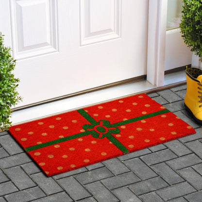 17" X 29" Brown Green And Red Christmas Outdoor Coir Door Mat