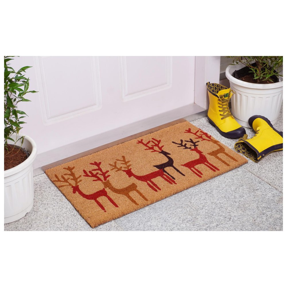 17" X 29" Brown Red And Black Christmas Deer Outdoor Coir Door Mat HomeRoots