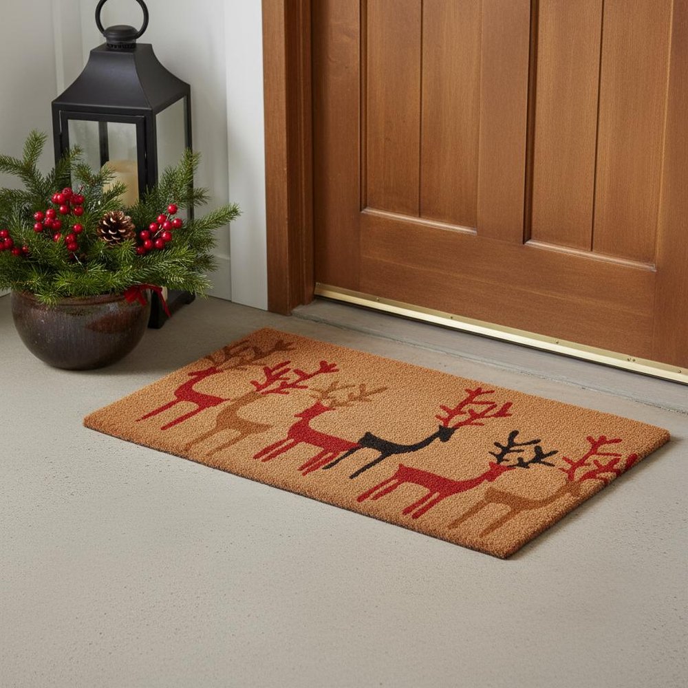 17" X 29" Brown Red And Black Christmas Deer Outdoor Coir Door Mat HomeRoots