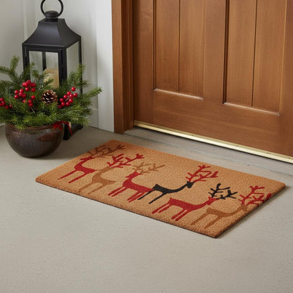 17" X 29" Brown Red And Black Christmas Deer Outdoor Coir Door Mat HomeRoots