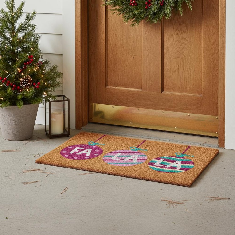 17" X 29" Brown White And Pink Christmas Outdoor Coir Door Mat — view 6
