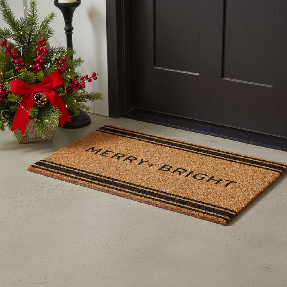 24" X 36" Brown And Black Christmas Merry and Bright Outdoor Coir Door Mat — view 1