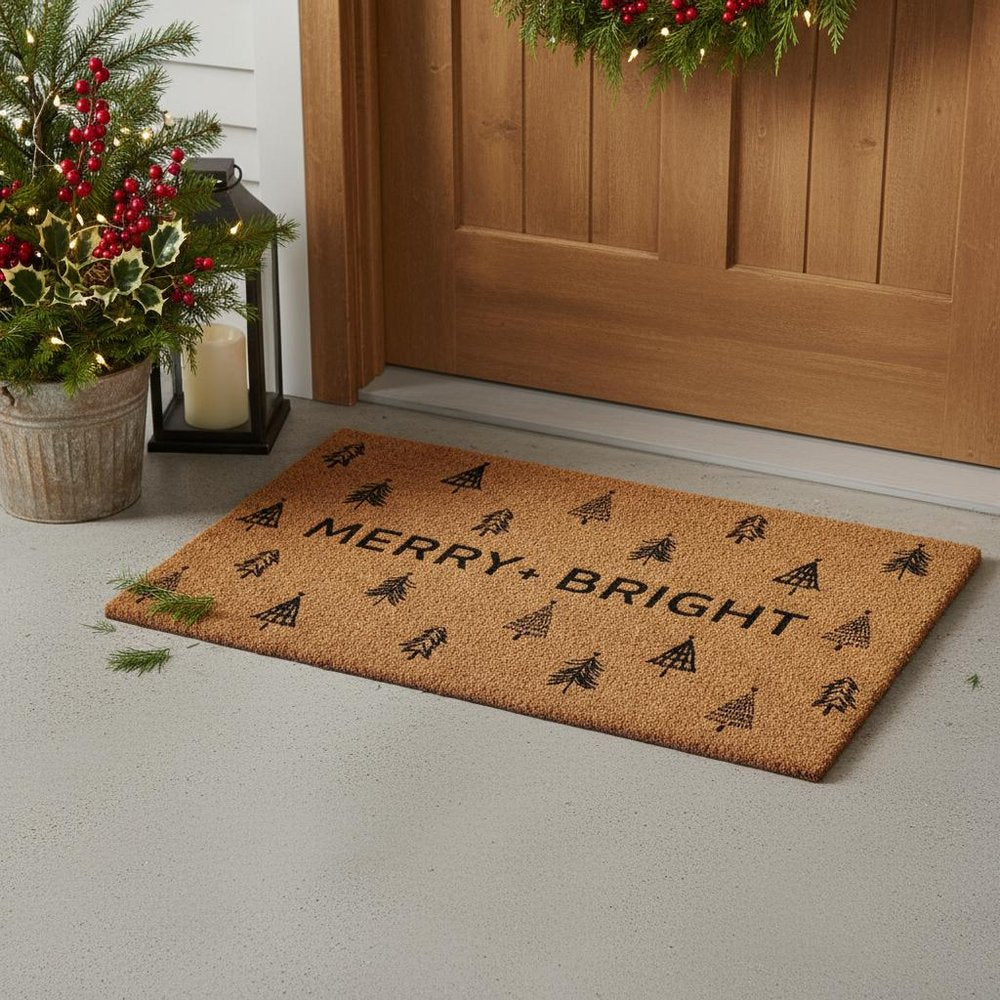 24" X 36" Brown And Black Christmas Trees Merry and Bright Outdoor Coir Door Mat — view 1