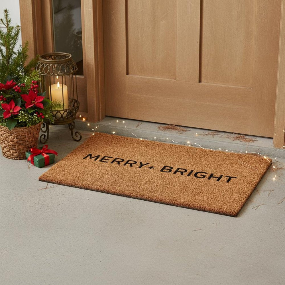 17" X 29" Brown And Black Christmas Merry and Bright Outdoor Coir Door Mat HomeRoots
