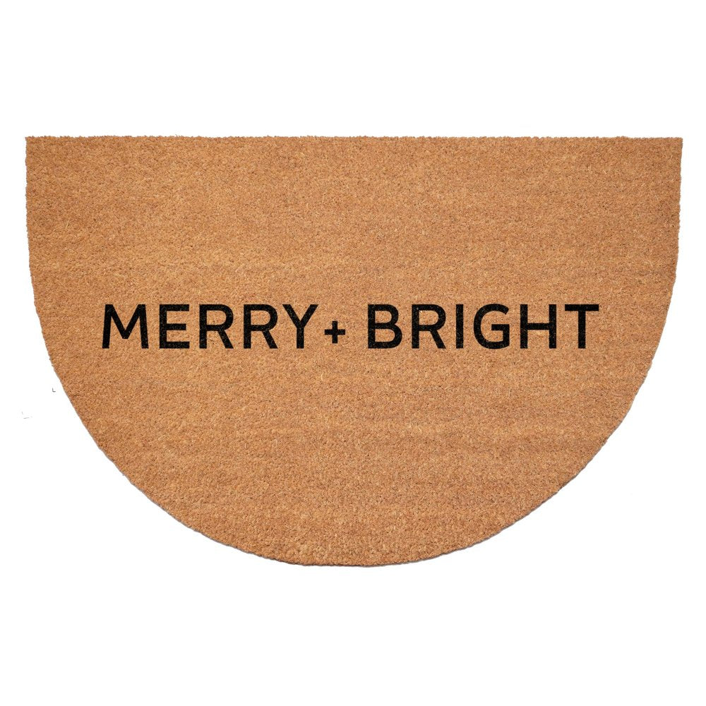24" X 36" Brown And Black Christmas Merry and Bright Semi Circle Outdoor Coir Door Mat