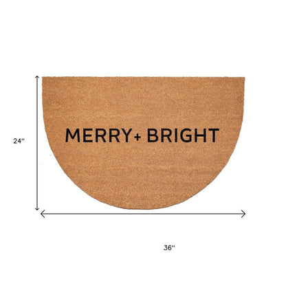 24" X 36" Brown And Black Christmas Merry and Bright Semi Circle Outdoor Coir Door Mat