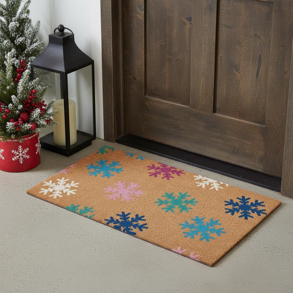 24" X 36" Brown Blue And White Christmas Snowflake Outdoor Coir Door Mat HomeRoots
