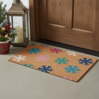 24" X 36" Brown Blue And White Christmas Snowflake Outdoor Coir Door Mat HomeRoots
