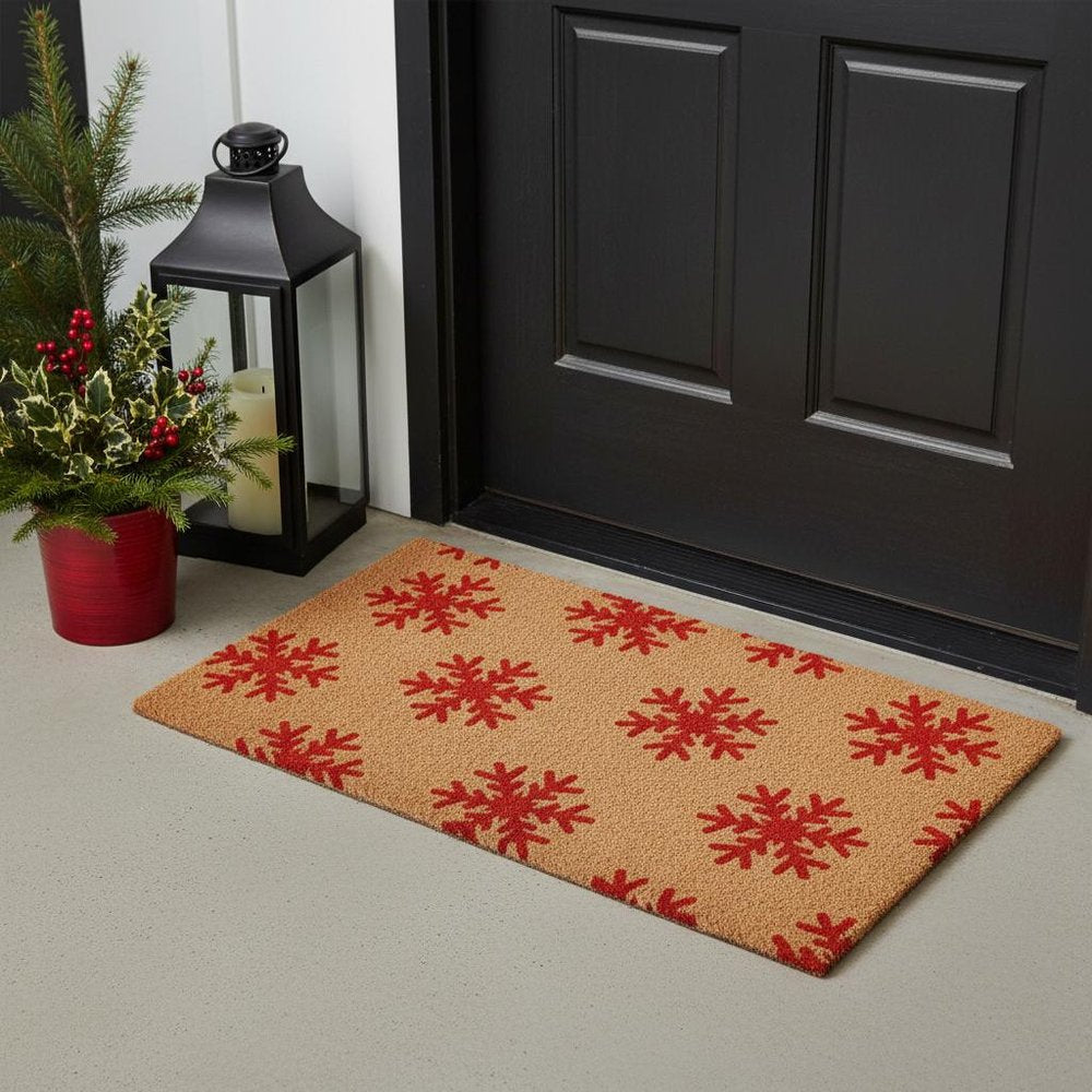 17" X 29" Brown And Red Christmas Snowflake Outdoor Coir Door Mat — view 1