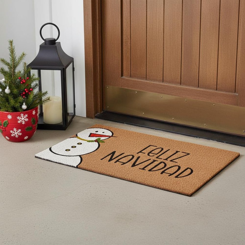 17" X 29" Natural Black And White Feliz Navidad Snowman Coir Door Mat HomeRoots