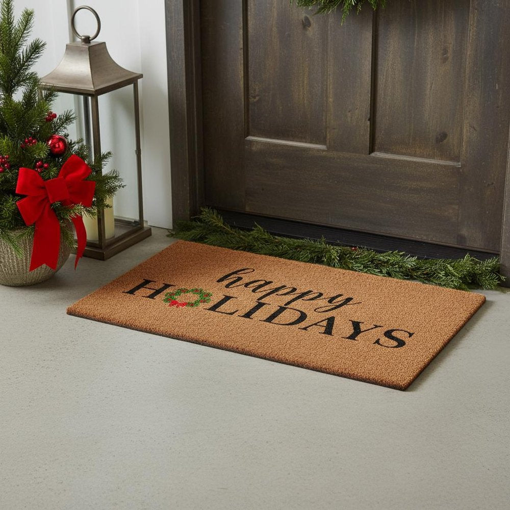 17" X 29" Brown Black And Green Christmas Happy Holidays Outdoor Coir Door Mat — view 1