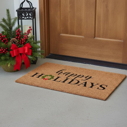17" X 29" Brown Black And Green Christmas Happy Holidays Outdoor Coir Door Mat HomeRoots