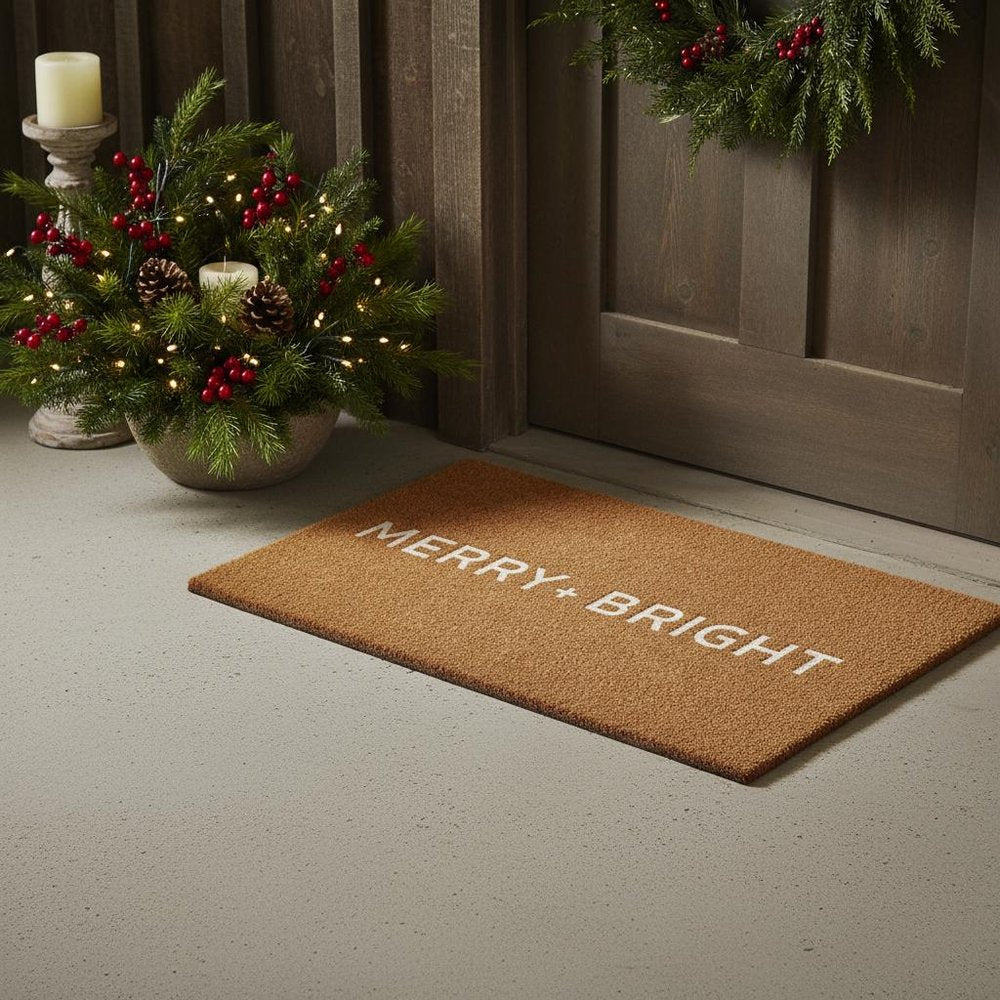 17" X 29" Brown And White Christmas Merry and Bright Outdoor Coir Door Mat — view 1