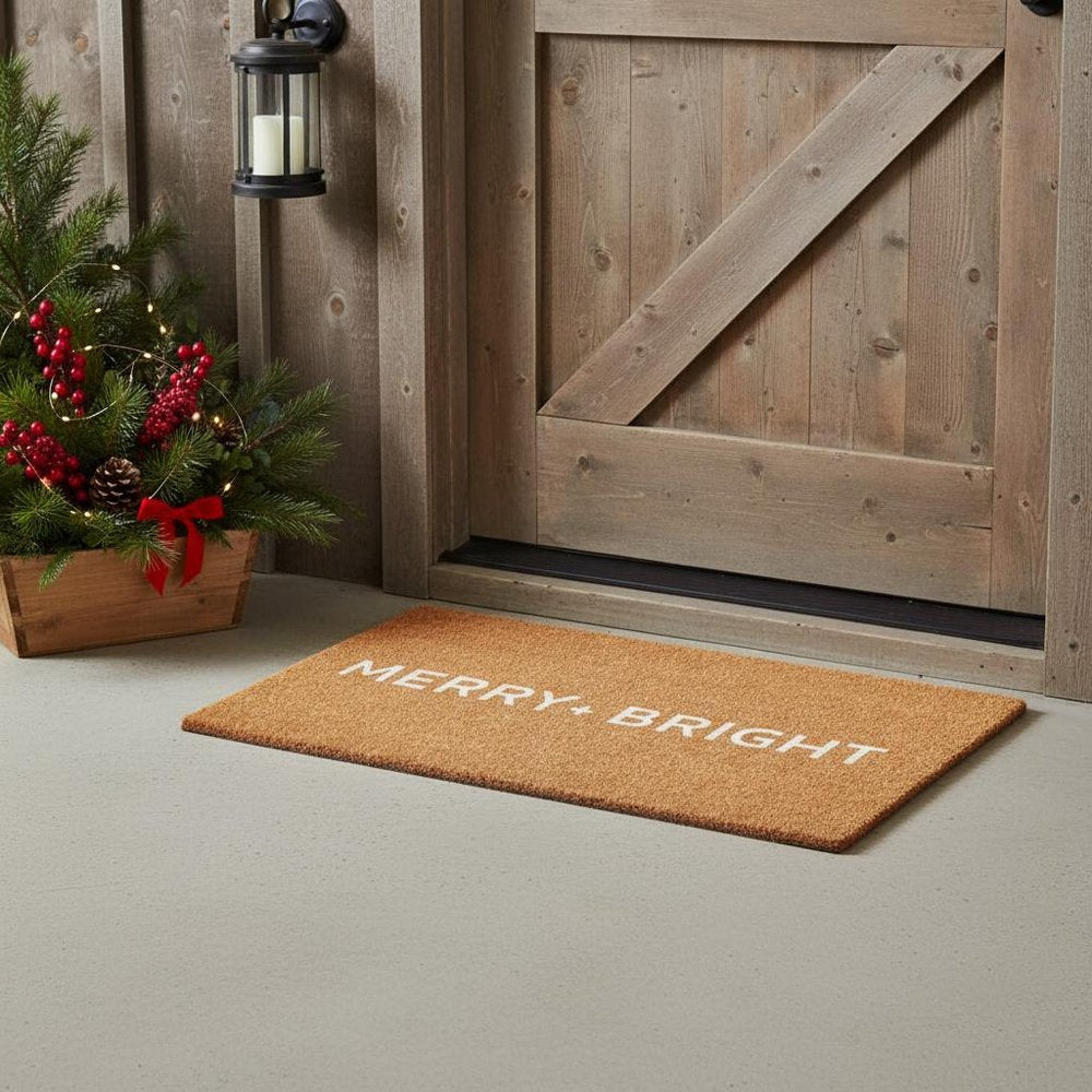 17" X 29" Brown And White Christmas Merry and Bright Outdoor Coir Door Mat HomeRoots