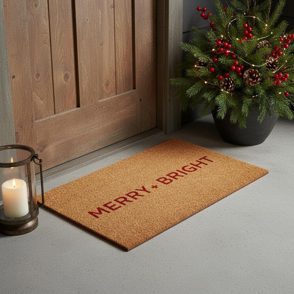17" X 29" Brown And Red Christmas Merry and Bright Outdoor Coir Door Mat HomeRoots