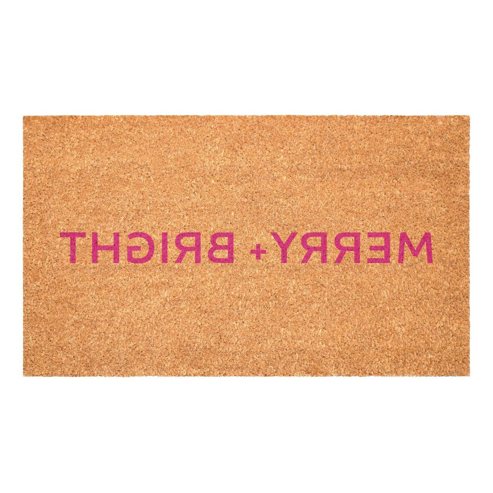 17" X 29" Brown And Pink Christmas Merry and Bright Outdoor Coir Door Mat — view 3