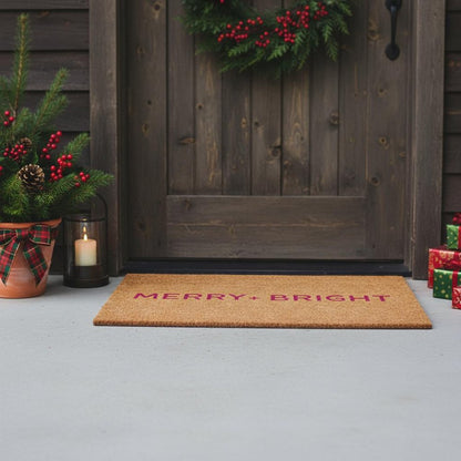 17" X 29" Brown And Pink Christmas Merry and Bright Outdoor Coir Door Mat HomeRoots