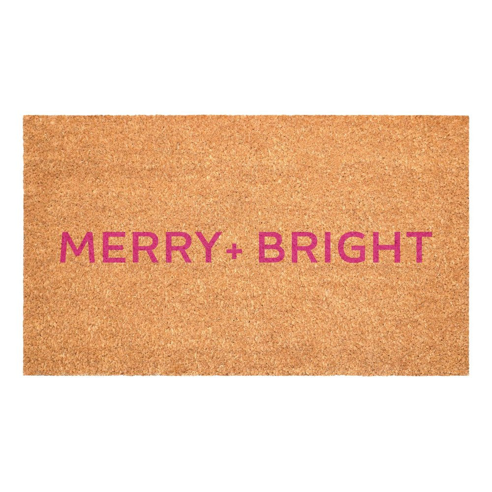 17" X 29" Brown And Pink Christmas Merry and Bright Outdoor Coir Door Mat HomeRoots