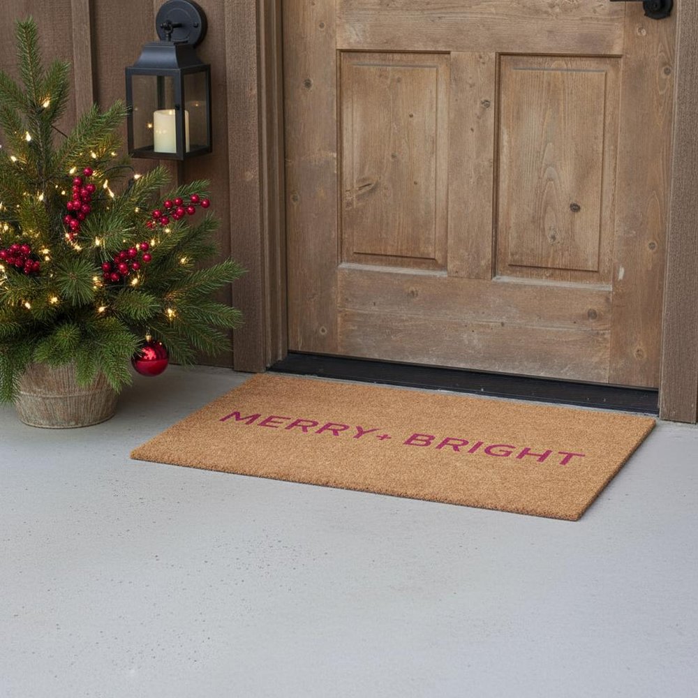 17" X 29" Brown And Pink Christmas Merry and Bright Outdoor Coir Door Mat HomeRoots