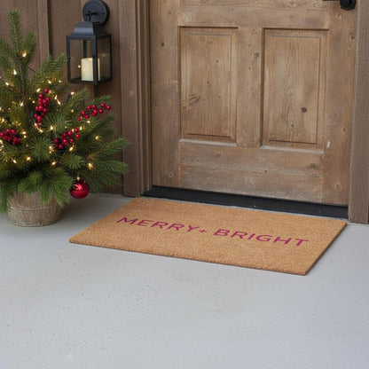 17" X 29" Brown And Pink Christmas Merry and Bright Outdoor Coir Door Mat HomeRoots