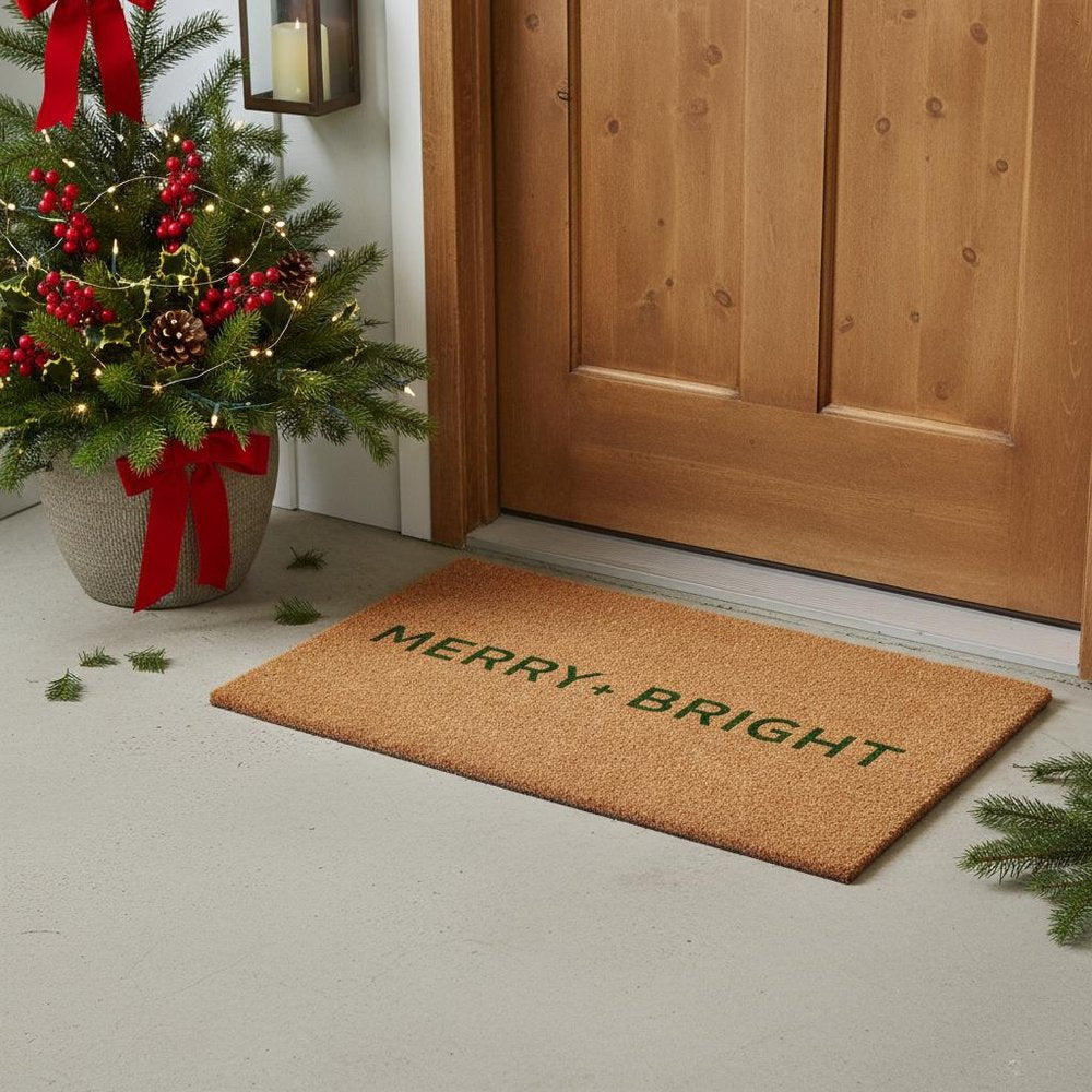 17" X 29" Brown And Green Christmas Merry and Bright Outdoor Coir Door Mat — view 1