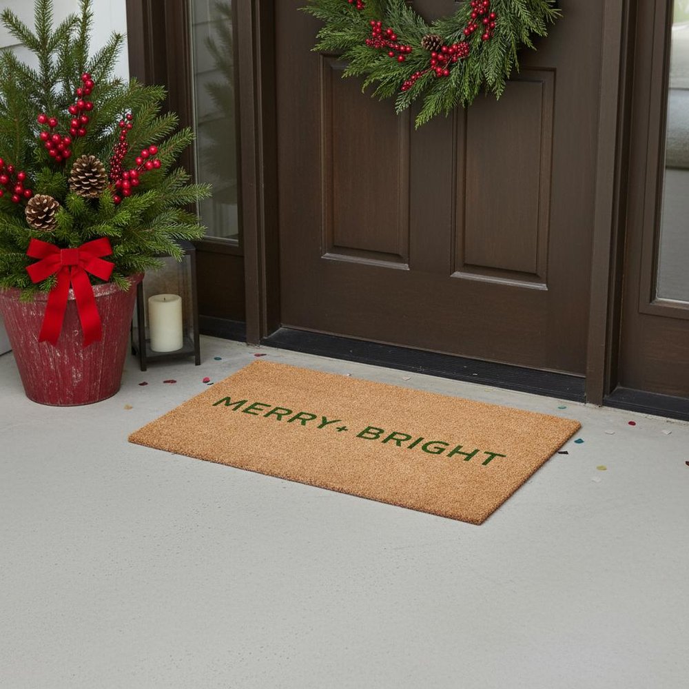 17" X 29" Brown And Green Christmas Merry and Bright Outdoor Coir Door Mat HomeRoots
