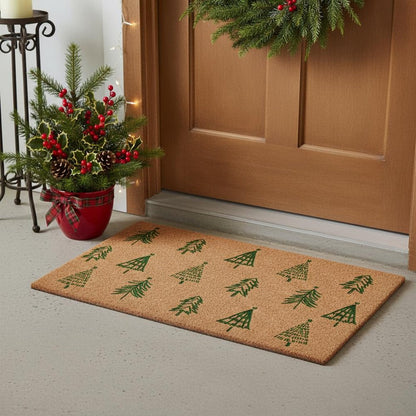 17" X 29" Brown And Green Christmas Trees Outdoor Coir Door Mat HomeRoots