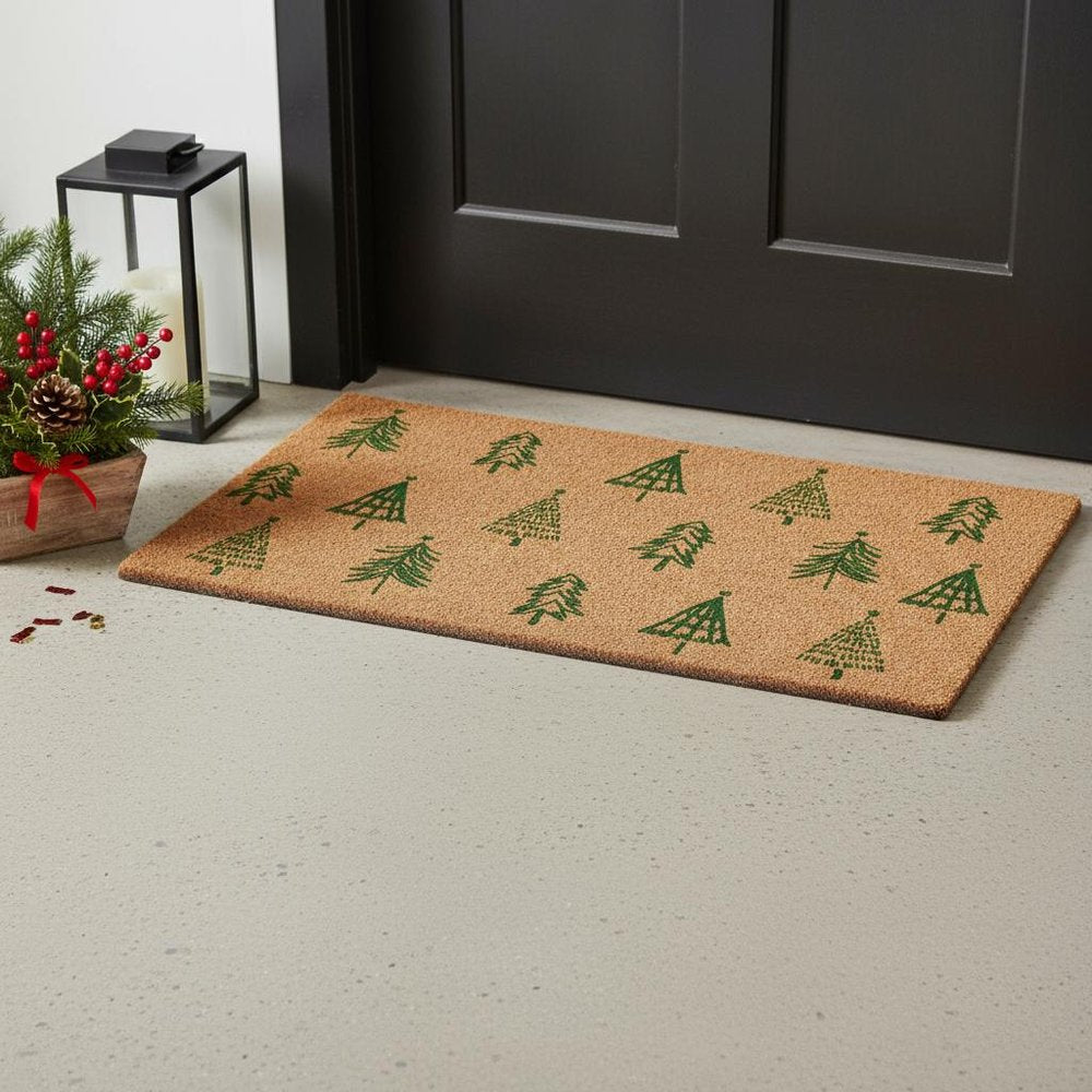 17" X 29" Brown And Green Christmas Trees Outdoor Coir Door Mat HomeRoots