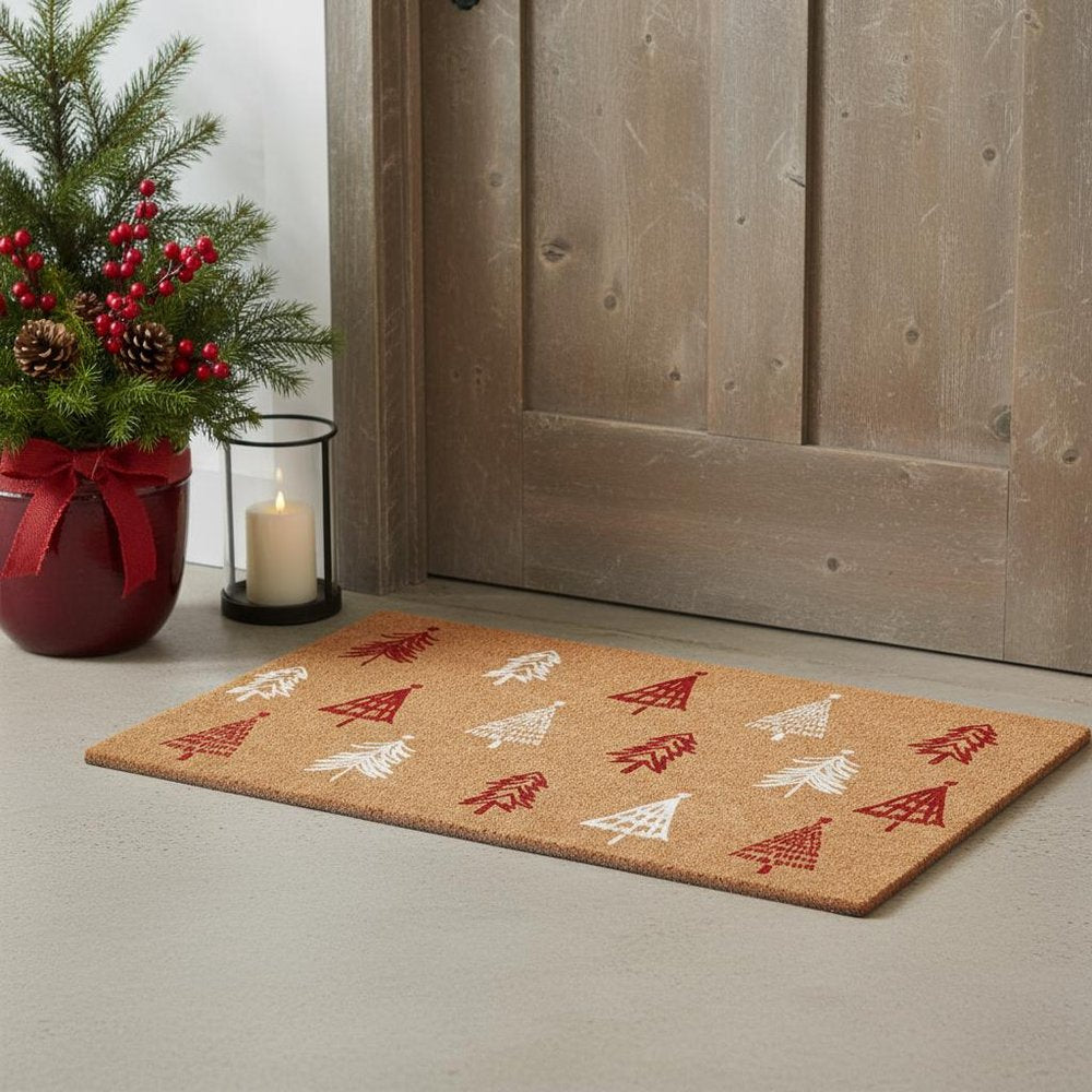 17" X 29" Brown Red And White Christmas Trees Outdoor Coir Door Mat HomeRoots