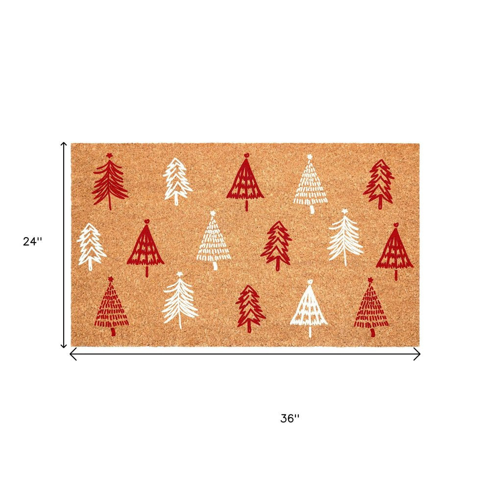 17" X 29" Brown Red And White Christmas Trees Outdoor Coir Door Mat HomeRoots