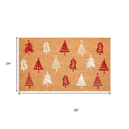 17" X 29" Brown Red And White Christmas Trees Outdoor Coir Door Mat HomeRoots