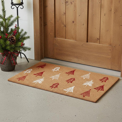 17" X 29" Brown Red And White Christmas Trees Outdoor Coir Door Mat HomeRoots