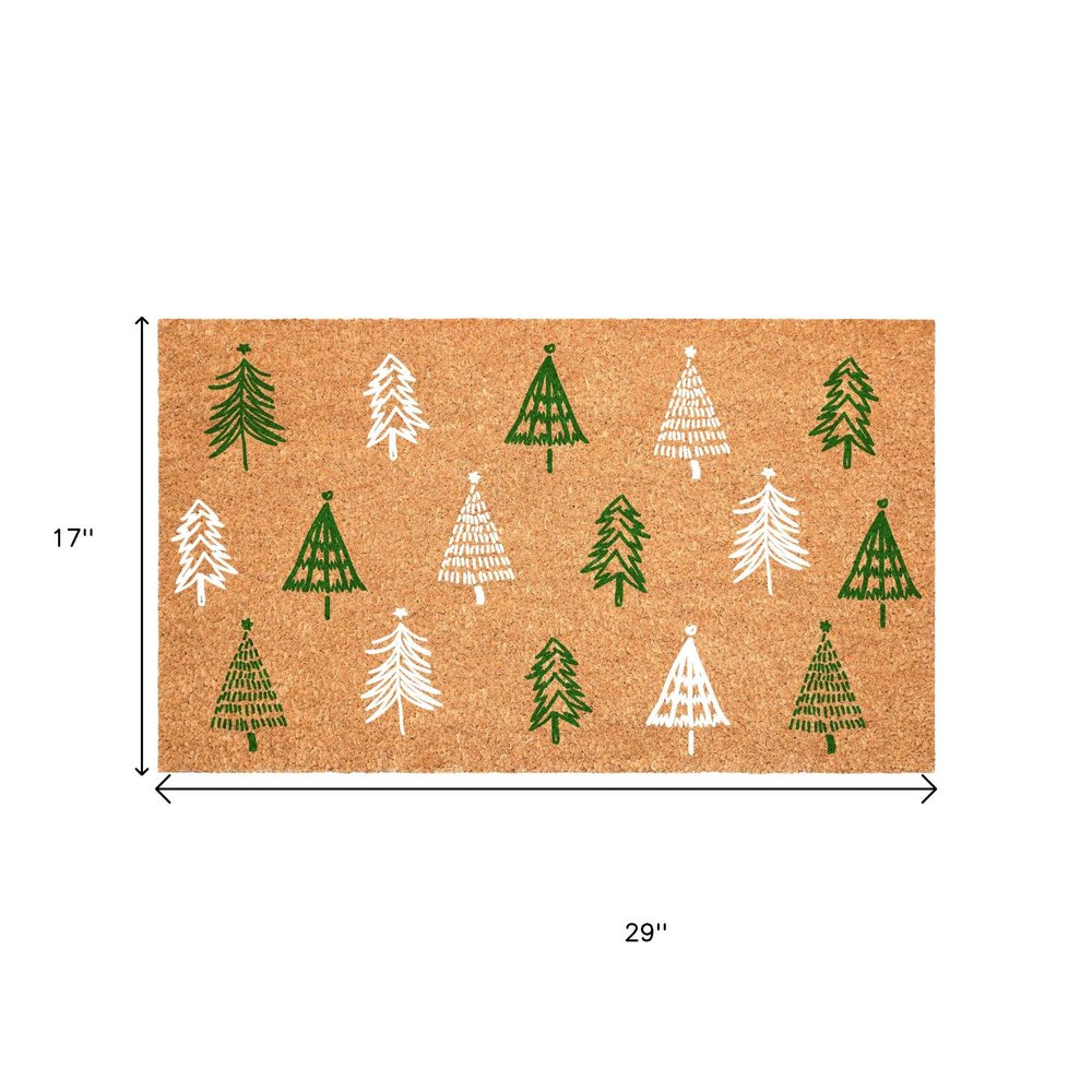 17" X 29" Brown Green And White Christmas Trees Outdoor Coir Door Mat HomeRoots