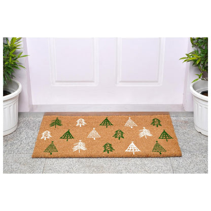 17" X 29" Brown Green And White Christmas Trees Outdoor Coir Door Mat HomeRoots