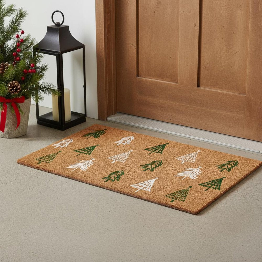 17" X 29" Brown Green And White Christmas Trees Outdoor Coir Door Mat HomeRoots