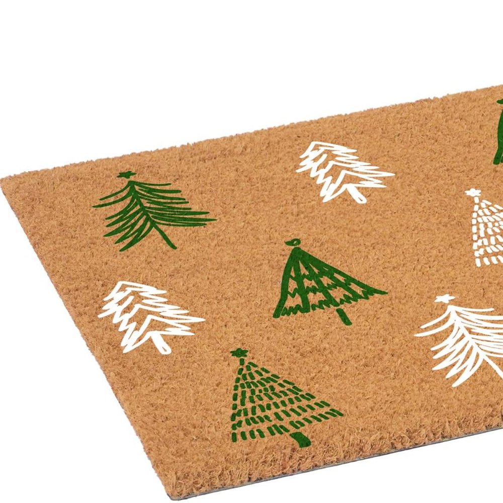 17" X 29" Brown Green And White Christmas Trees Outdoor Coir Door Mat HomeRoots
