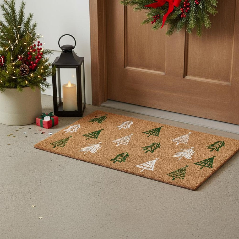17" X 29" Brown Green And White Christmas Trees Outdoor Coir Door Mat HomeRoots