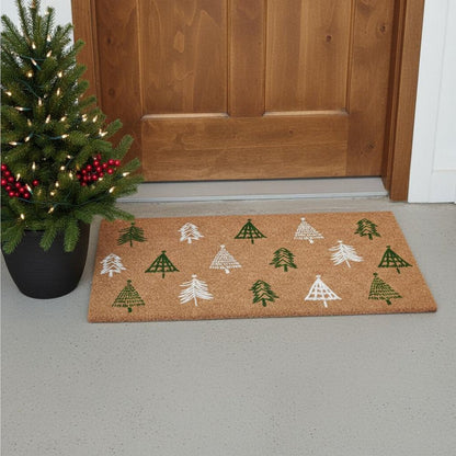 17" X 29" Brown Green And White Christmas Trees Outdoor Coir Door Mat HomeRoots