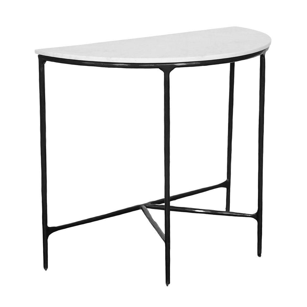 36" White and Black Genuine Marble and Iron Half Moon Console Table HomeRoots