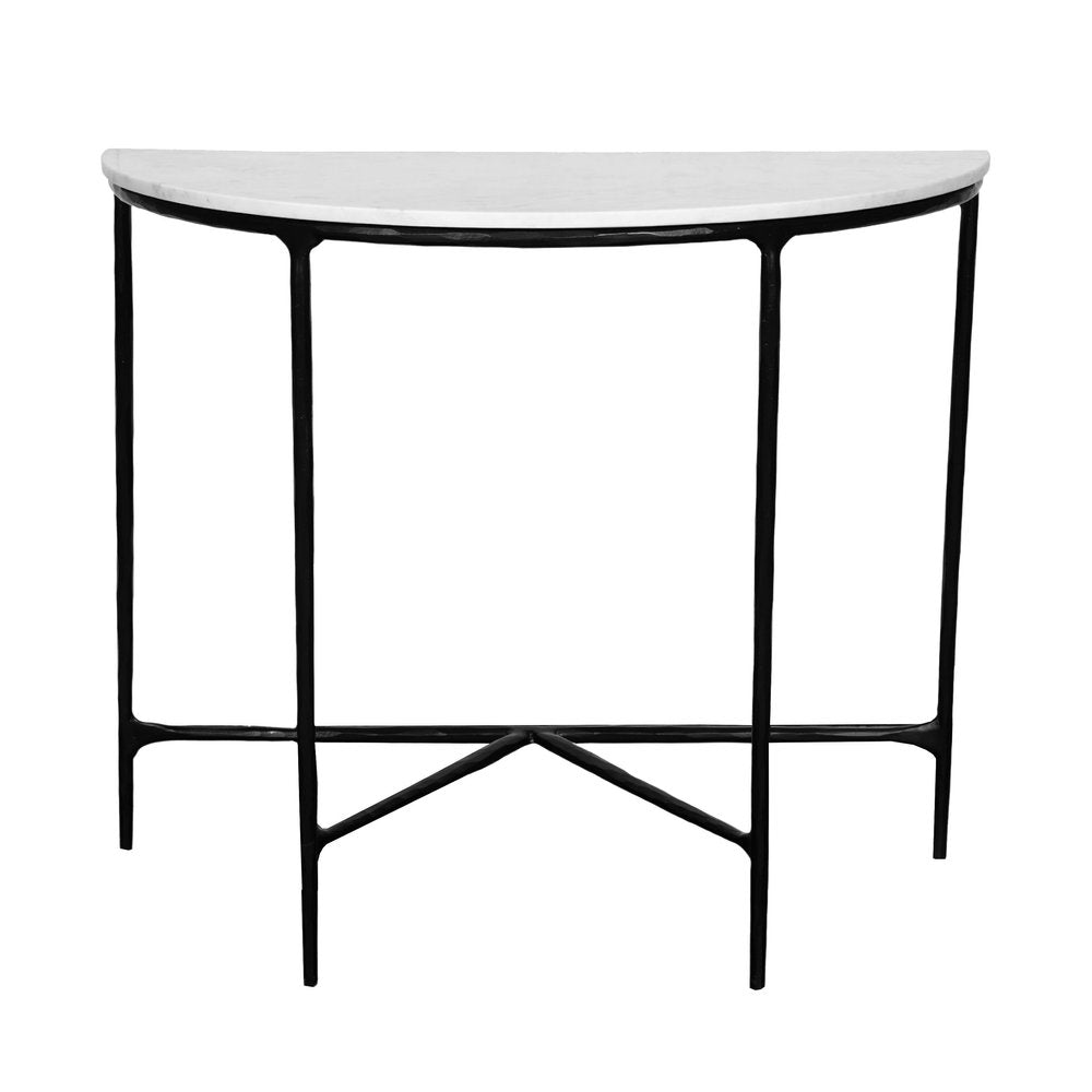 36" White and Black Genuine Marble and Iron Half Moon Console Table HomeRoots
